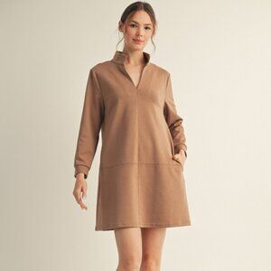 JODIFL CAMEL SCUBA LUXE KNIT HIGH COLLAR SHIRT DRESS